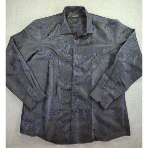 DiBanGu Mens Paisley Silk Blend Button Down Shirt L Blue Black Regencycore